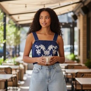 New York & Company Navy Blue Embroidered Crop Tank